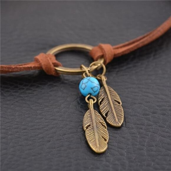 Native American Bohemian Feather Charm Handmade PU Leather Choker Necklace - Picture 4 of 8